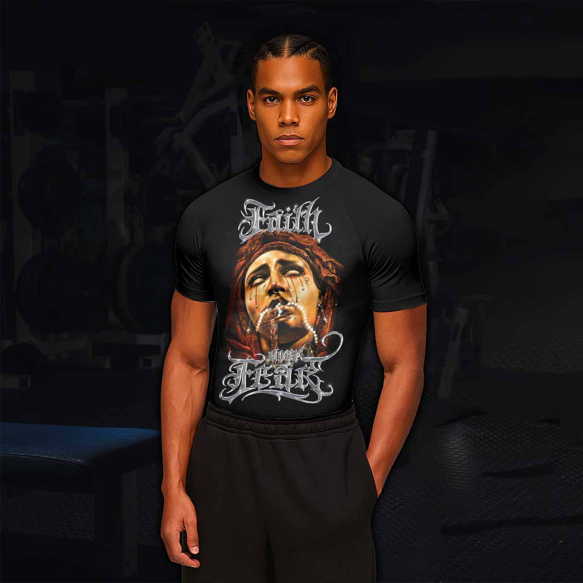 Faith Over Fear Men's Rash Guard Short Sleeve – lifestyle view
