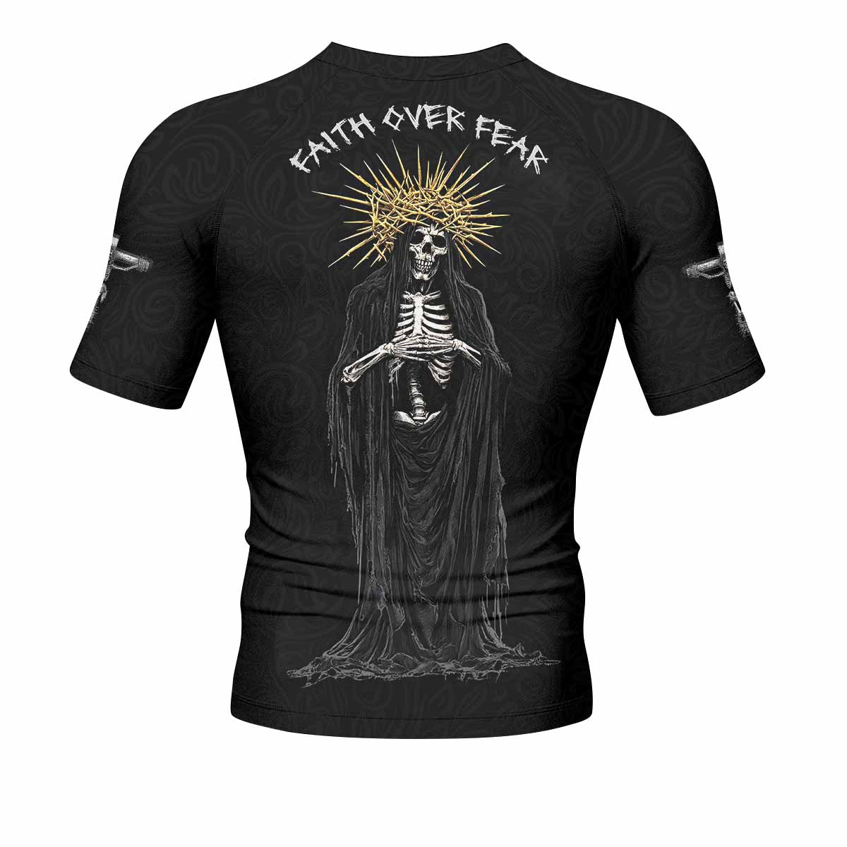 Faith Over Fear Dark Halo Men's Rash Guard Short Sleeve - back view mockup 