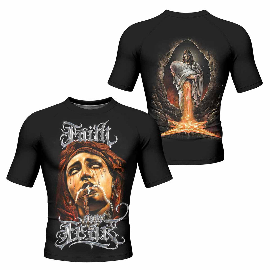 Faith Over Fear Men's Rash Guard Short Sleeve – front and back view