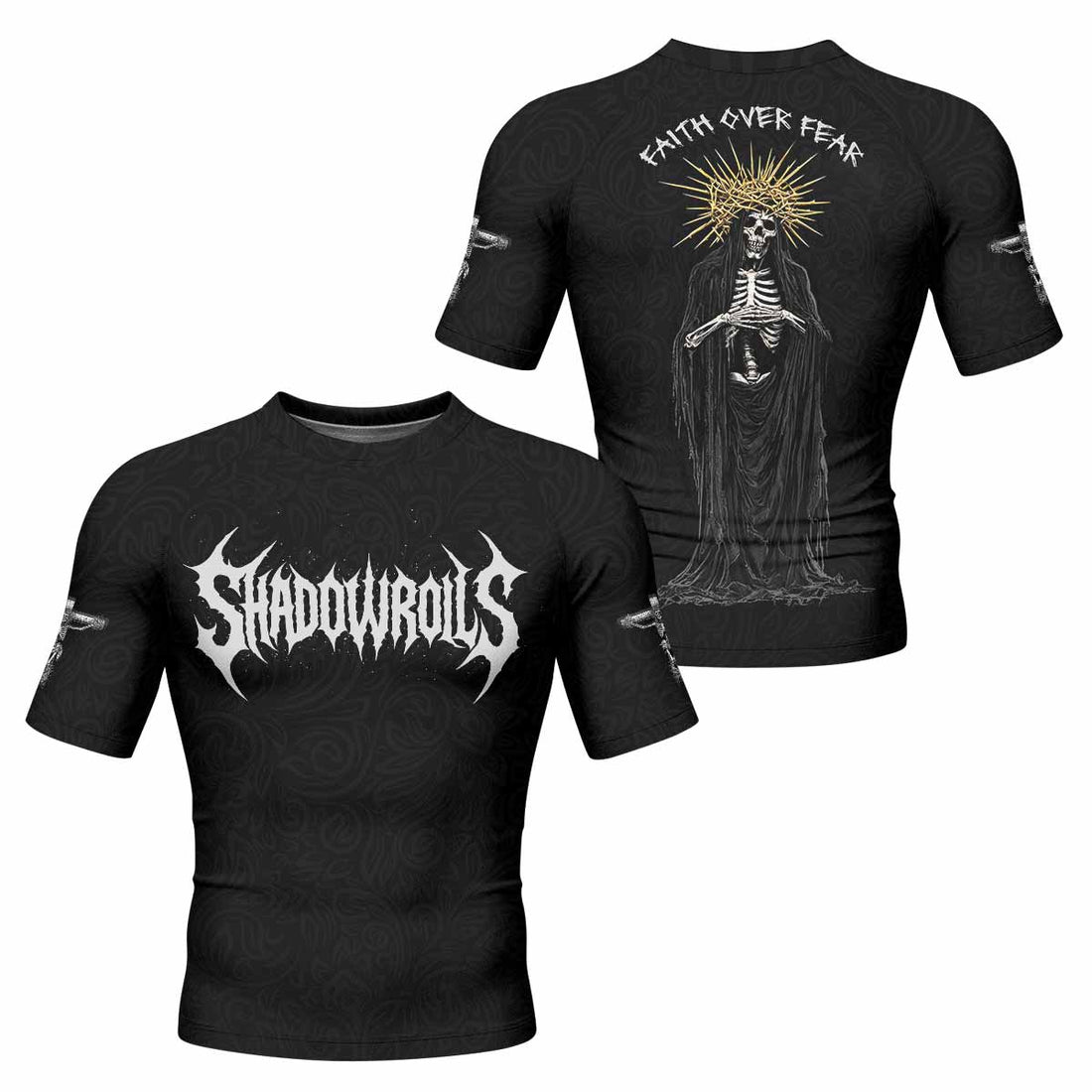 Faith Over Fear Dark Halo Men's Rash Guard Short Sleeve - front and back view