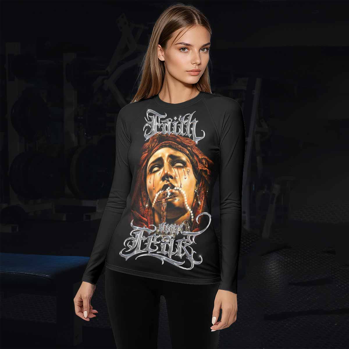 Faith Over Fear Women's Rash Guard Long Sleeve – lifestyle view