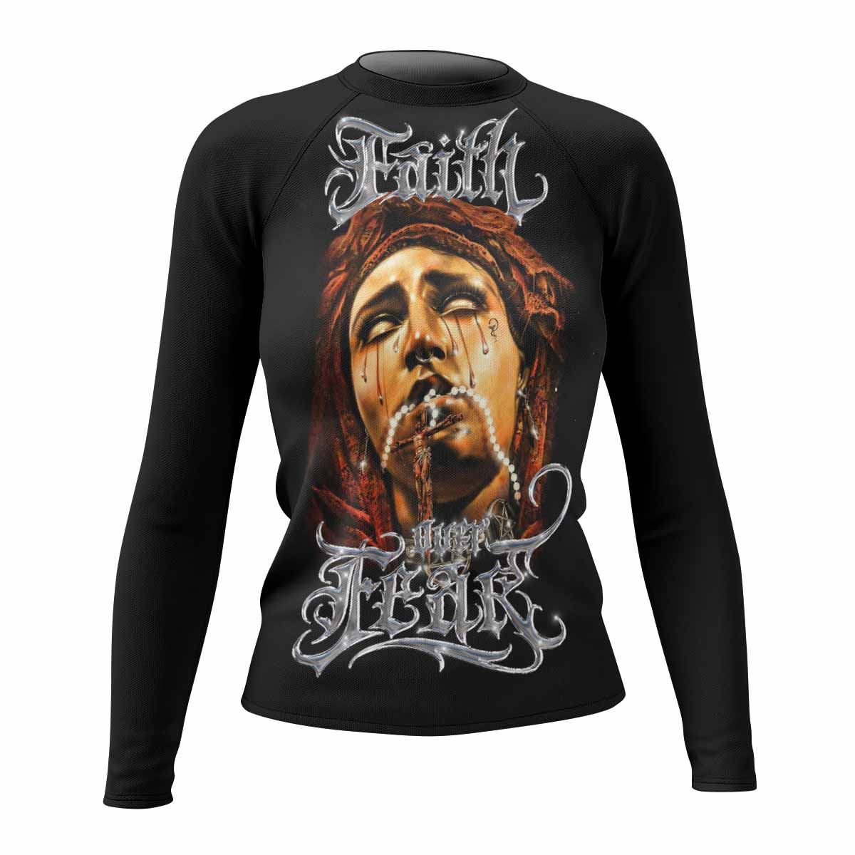 Faith Over Fear Women's Rash Guard Long Sleeve – front view mockup 