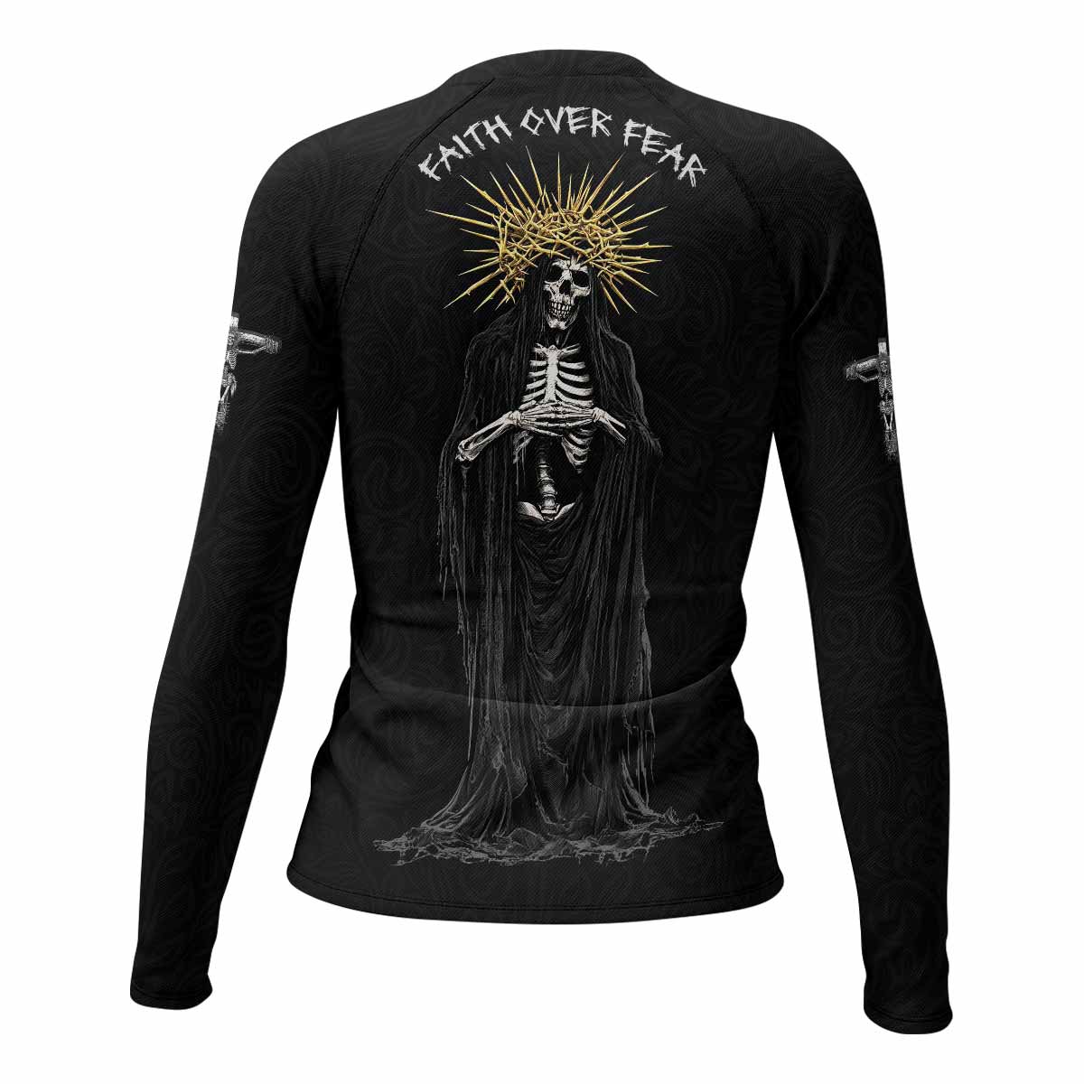Faith Over Fear Dark Halo Women's Rash Guard Long Sleeve - back view mockup 