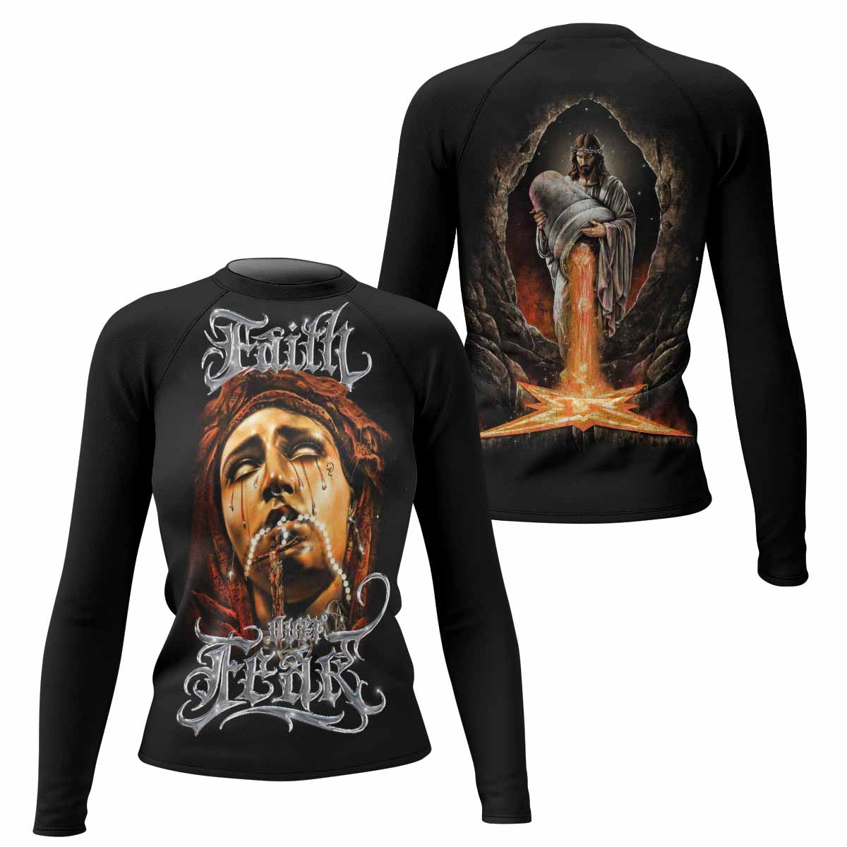 Faith Over Fear Women's Rash Guard Long Sleeve – front and back view