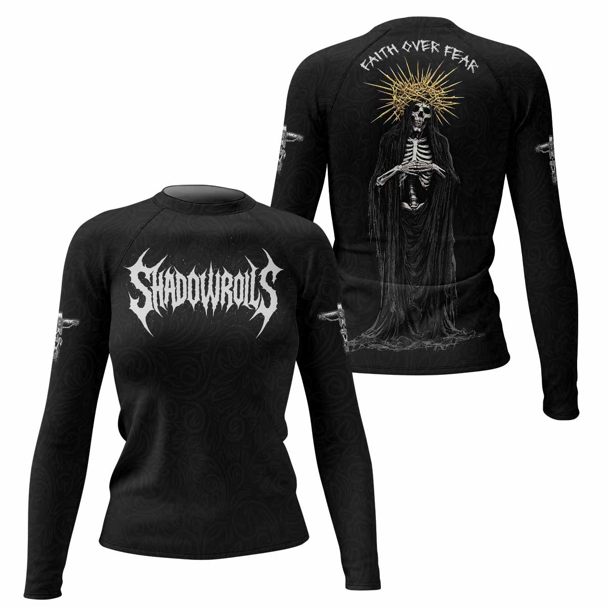 Faith Over Fear Dark Halo Women's Rash Guard Long Sleeve - front and back view