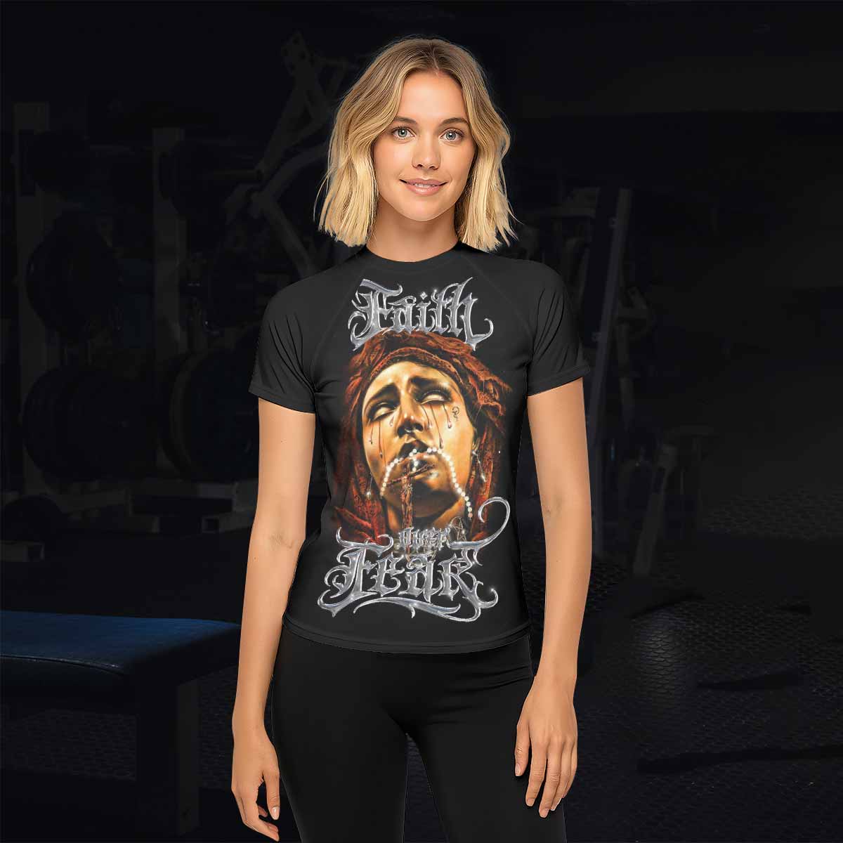 Faith Over Fear Women's Rash Guard Short Sleeve – lifestyle view