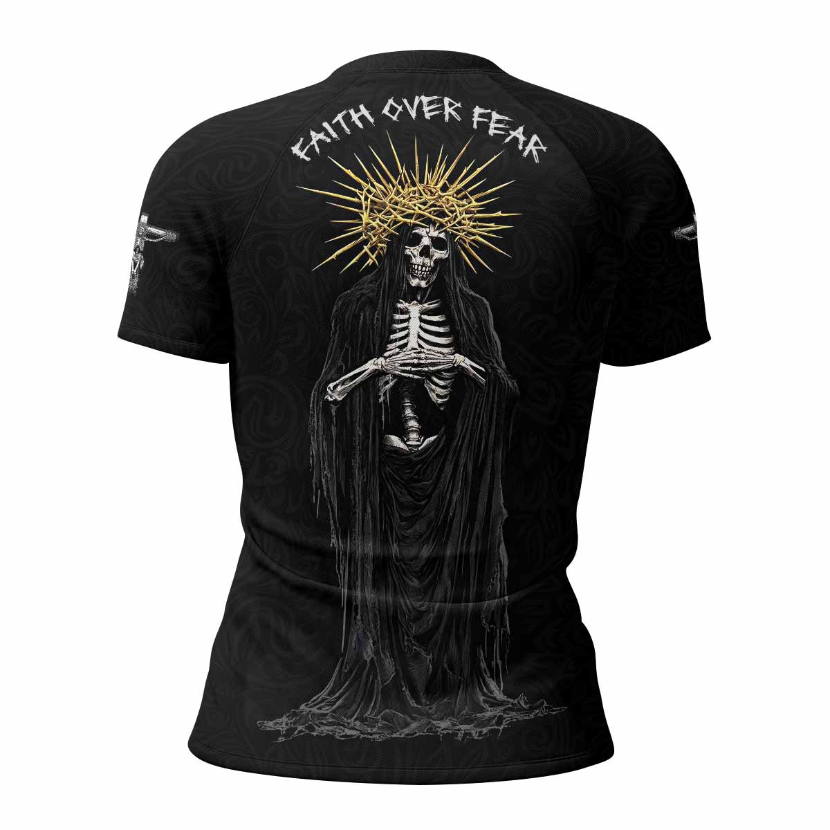 Faith Over Fear Dark Halo Women's Rash Guard Short Sleeve - back view mockup 