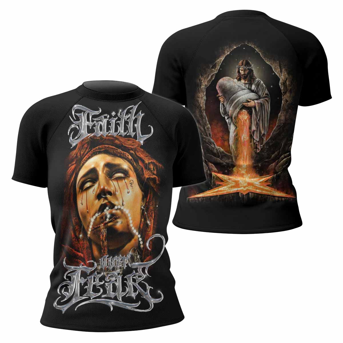 Faith Over Fear Women's Rash Guard Short Sleeve – front and back view