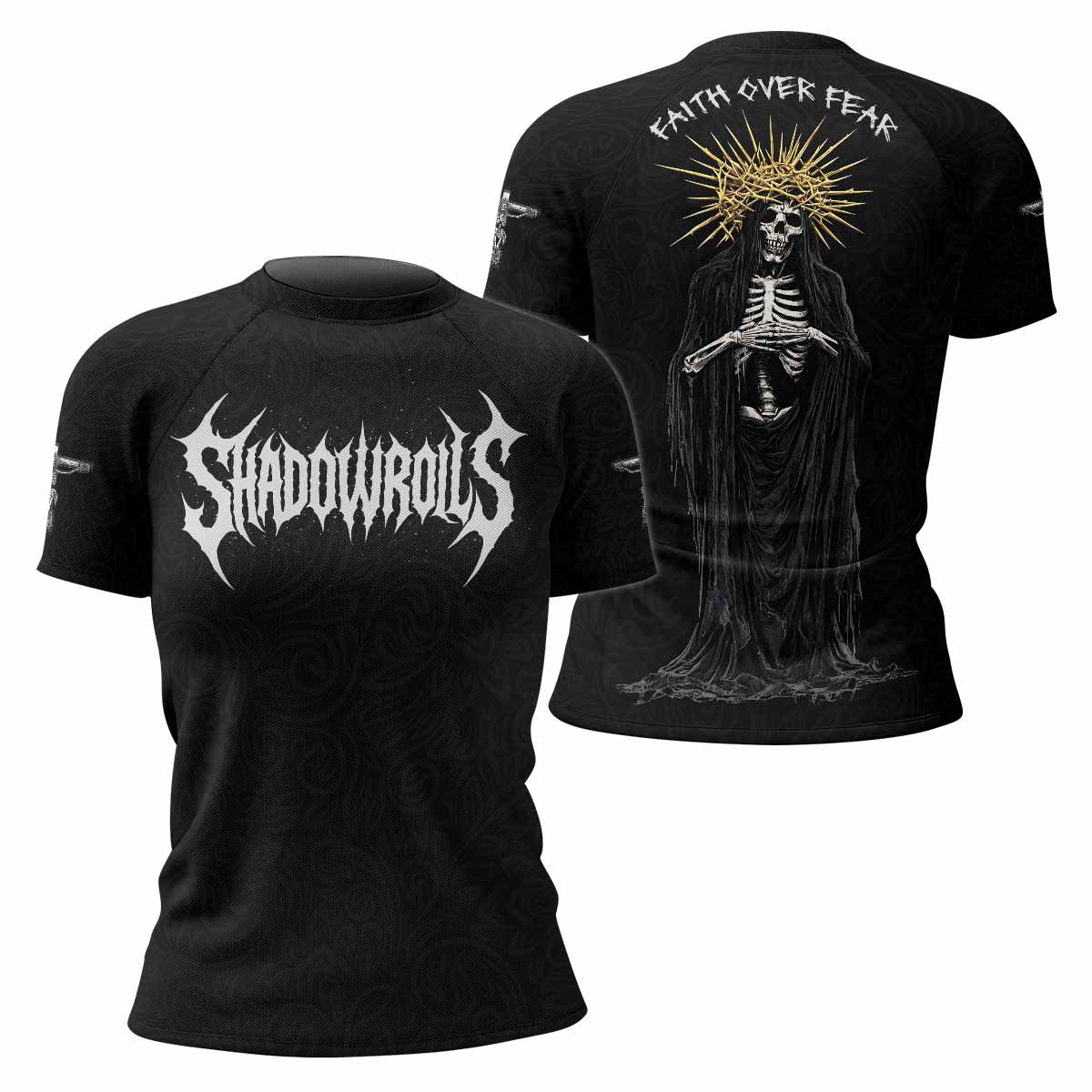 Faith Over Fear Dark Halo Women's Rash Guard Short Sleeve - front and back view