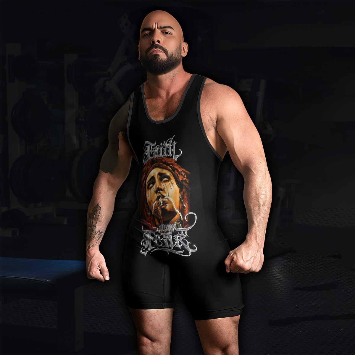 Faith Over Fear Wrestling Singlet – men's lifestyle view