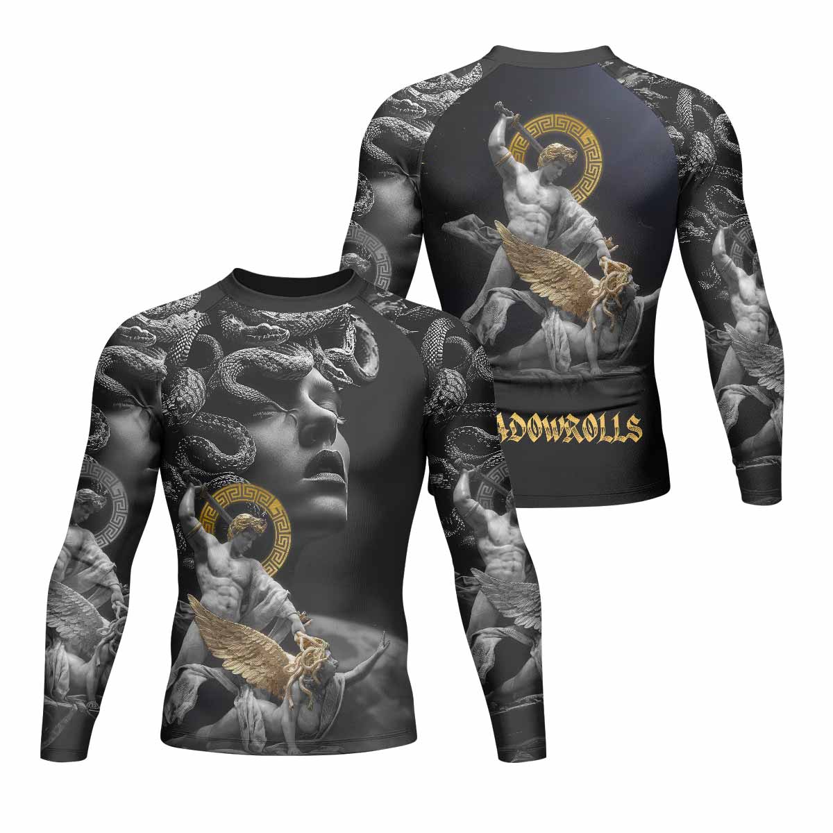 Fall of Medusa Men's Rash Guard Long Sleeve - front and back view