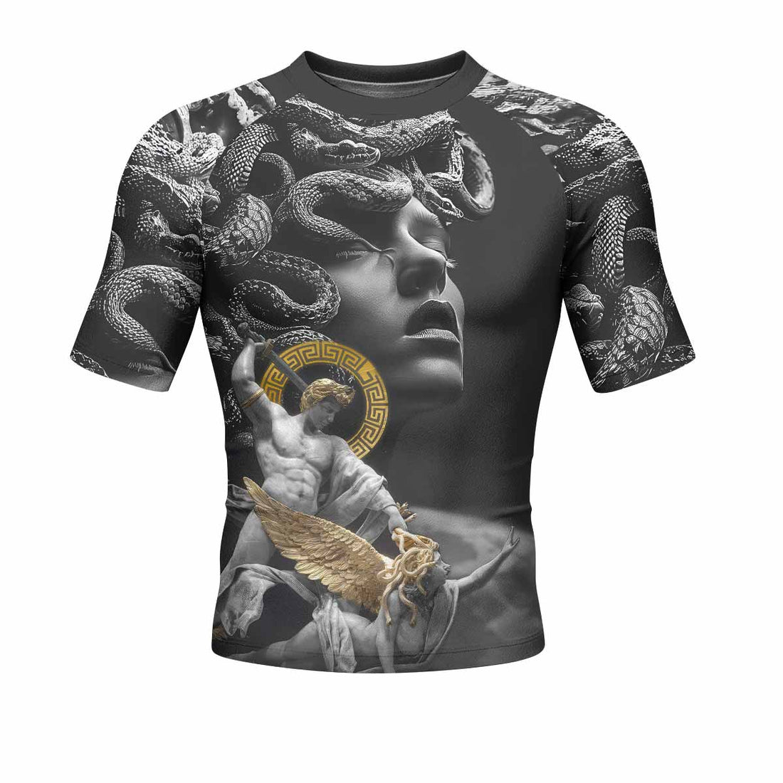 Fall of Medusa Men's Rash Guard Short Sleeve - front and back view