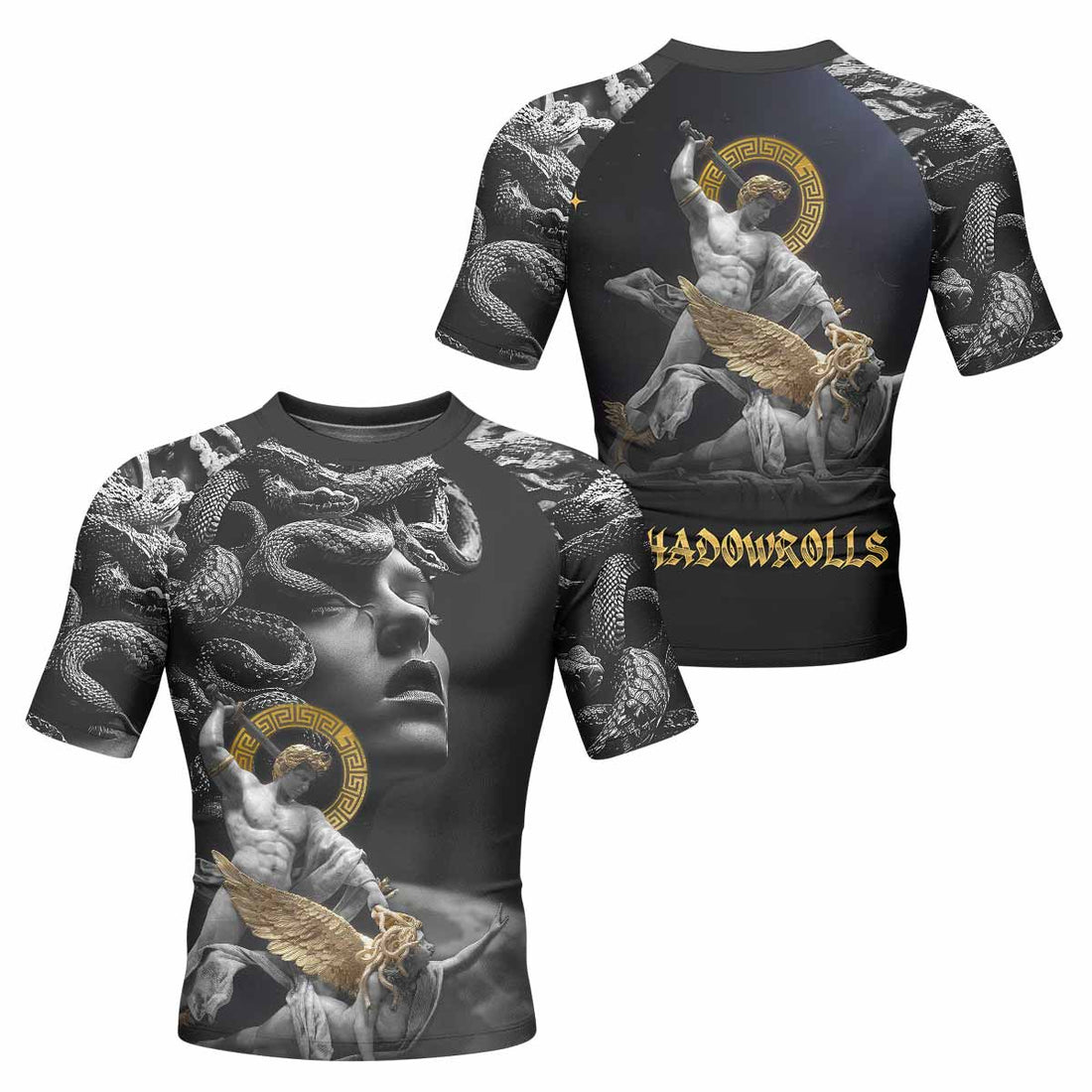 Fall of Medusa Men's Rash Guard Short Sleeve - front and back view