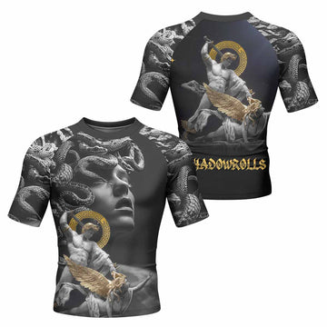 Fall of Medusa Men's Rash Guard Short Sleeve - front and back view