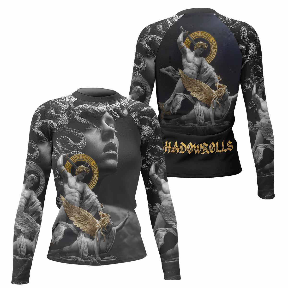 Fall of Medusa Women's Rash Guard Long Sleeve - front and back view