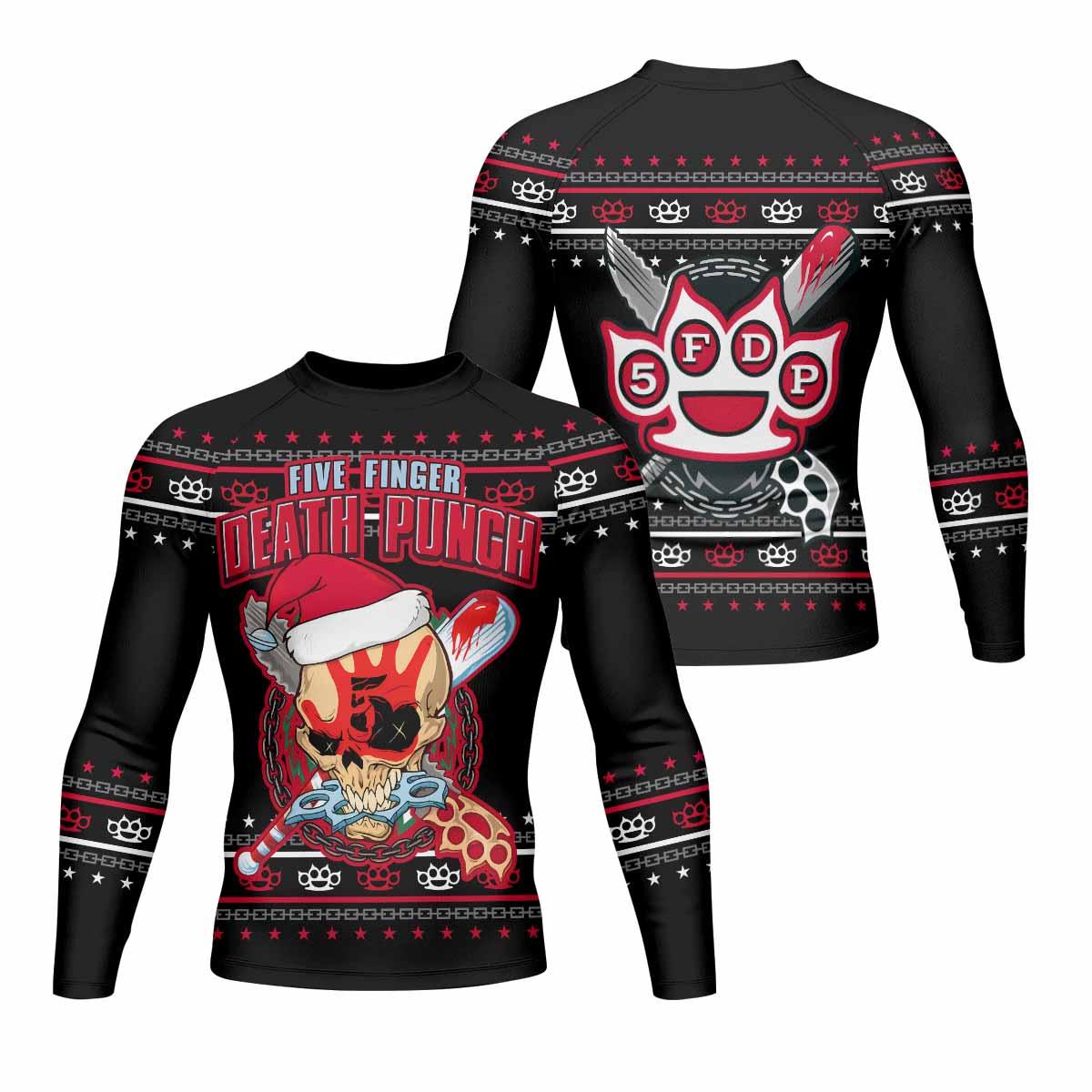 Five Finger Death Punch Christmas Heavy Metal Band Men's Rash Guard Long Sleeve - front and back view