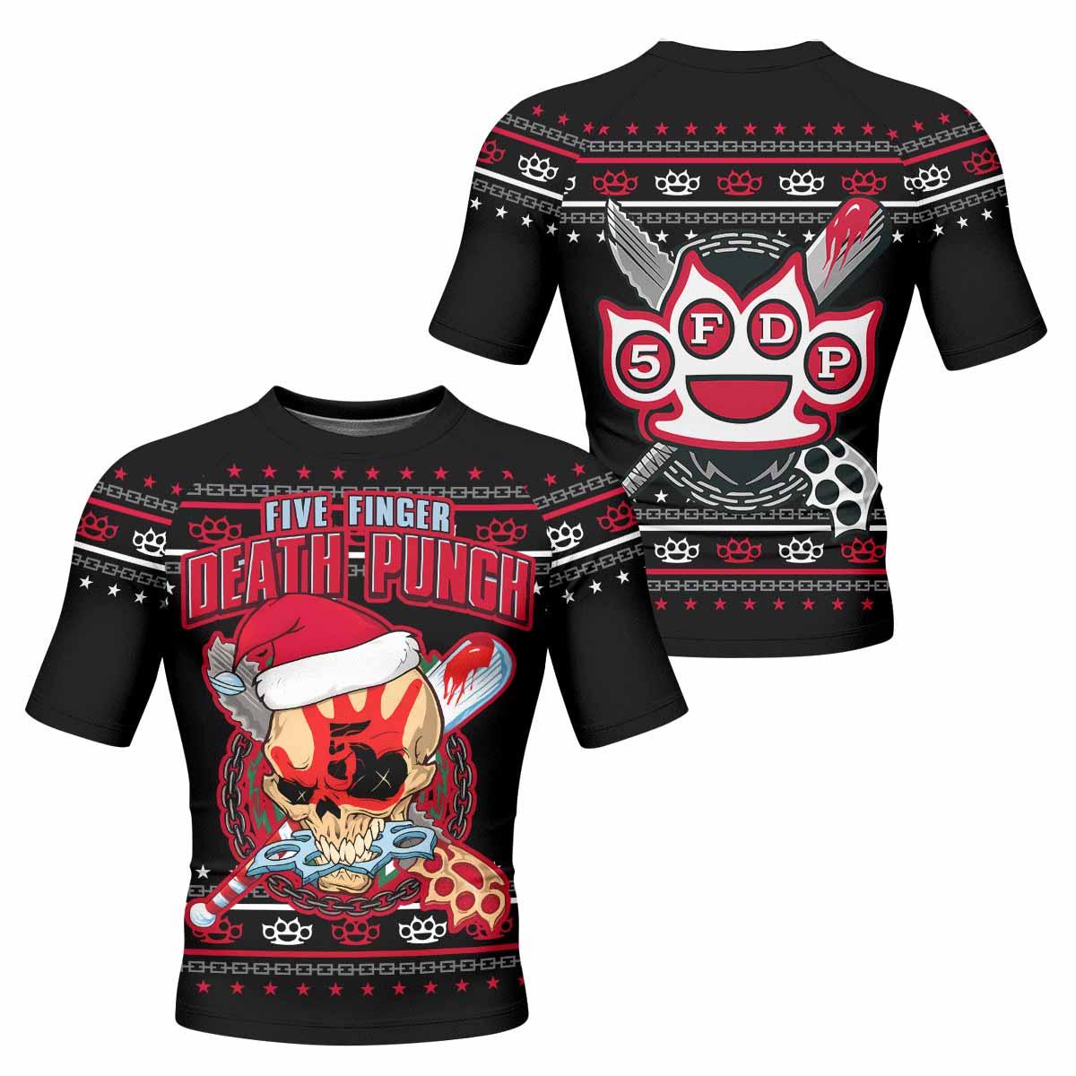 Five Finger Death Punch Christmas Heavy Metal Band Men's Rash Guard Short Sleeve - front and back view