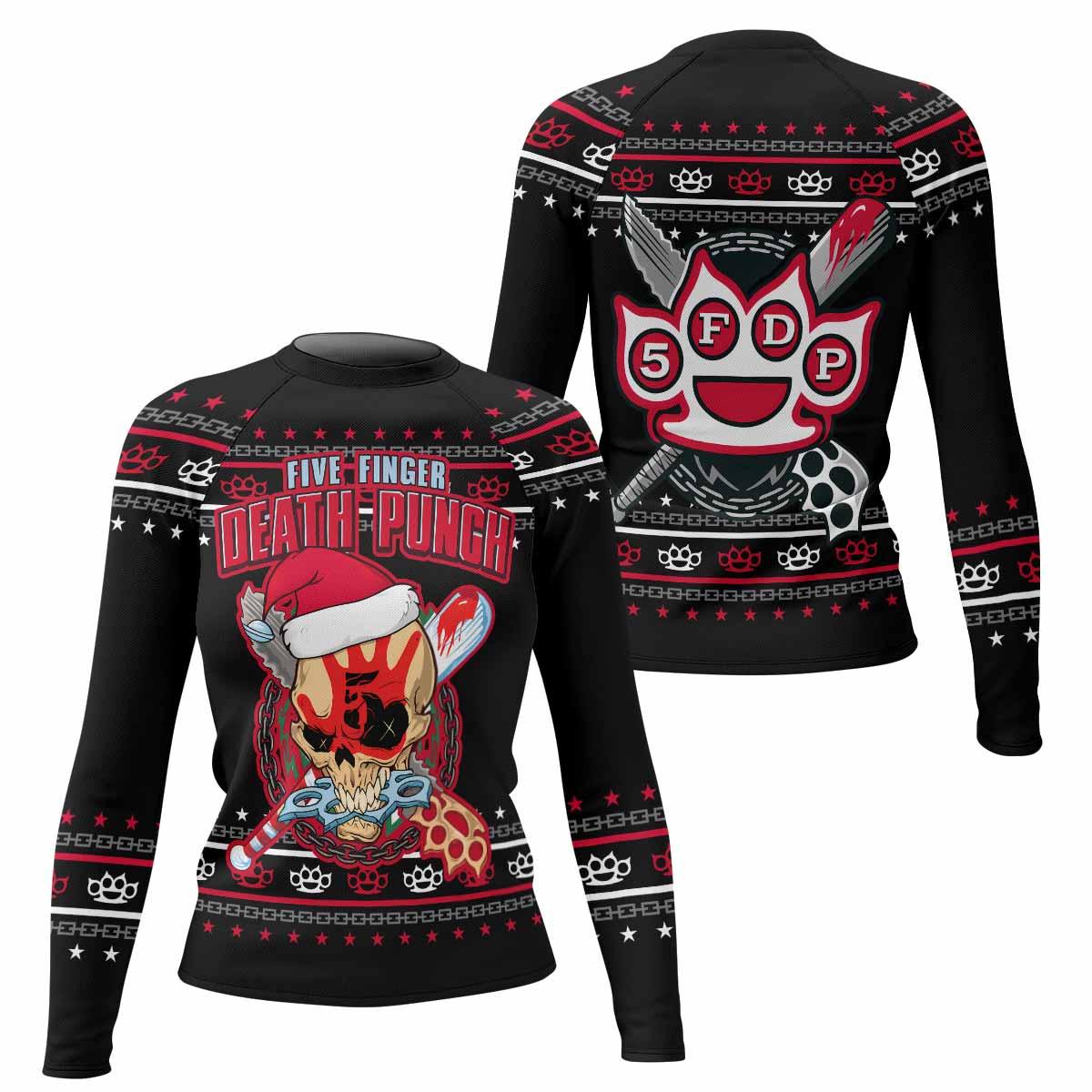 Five Finger Death Punch Christmas Heavy Metal Band Women's Rash Guard Long Sleeve - front and back view