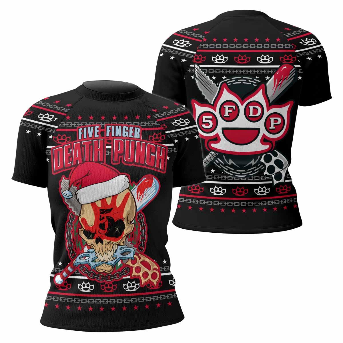 Five Finger Death Punch Christmas Heavy Metal Band Women's Rash Guard Short Sleeve - front and back view