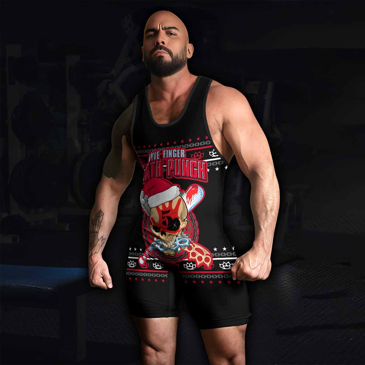 Five Finger Death Punch Christmas Heavy Metal Band Wrestling Singlet - men's lifestyle view