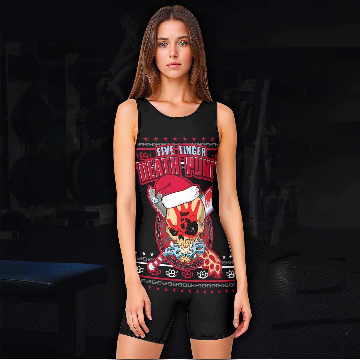 Five Finger Death Punch Christmas Heavy Metal Band Wrestling Singlet - women's lifestyle view