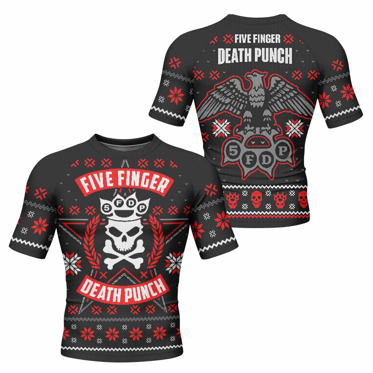 Five Finger Death Punch Eagle Heavy Metal Band Men's Rash Guard Short Sleeve - front and back view