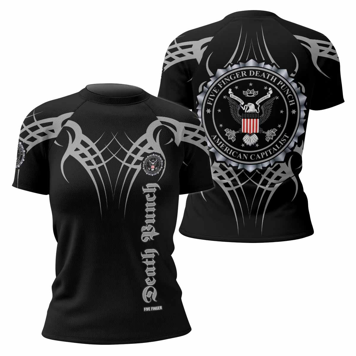 Five Finger Death Punch Women's Rash Guard Short Sleeve - front and back view