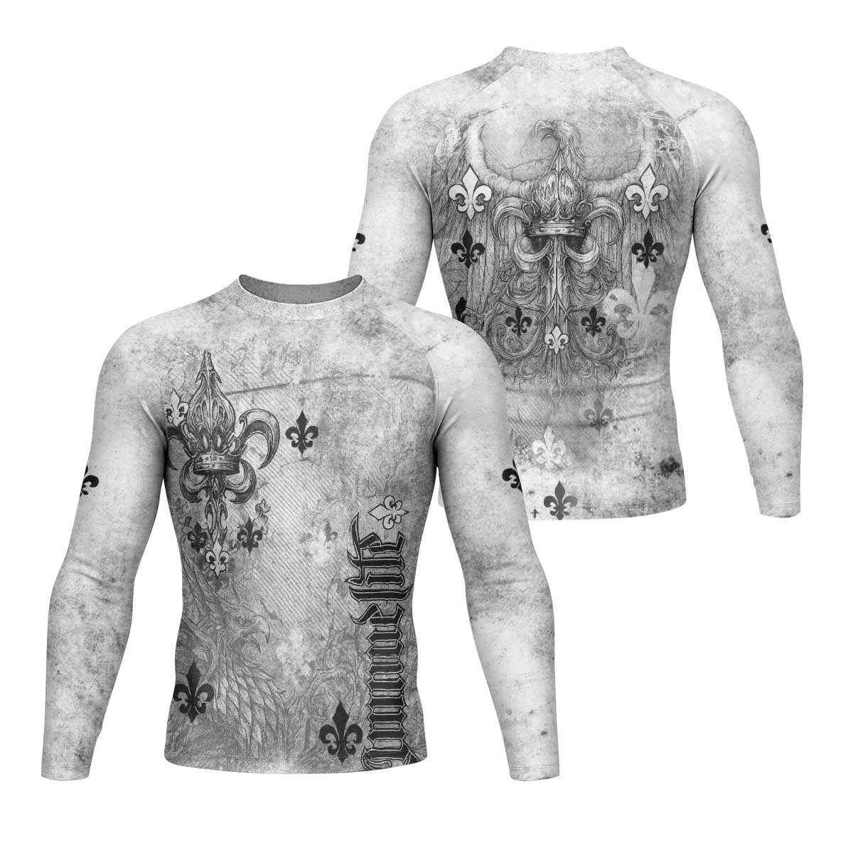 Fleur-de-Lis Rebirth Men's Rash Guard Long Sleeve - front and back view