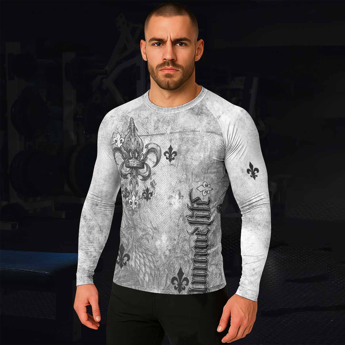 Fleur-de-Lis Rebirth Men's Rash Guard Long Sleeve - lifestyle view