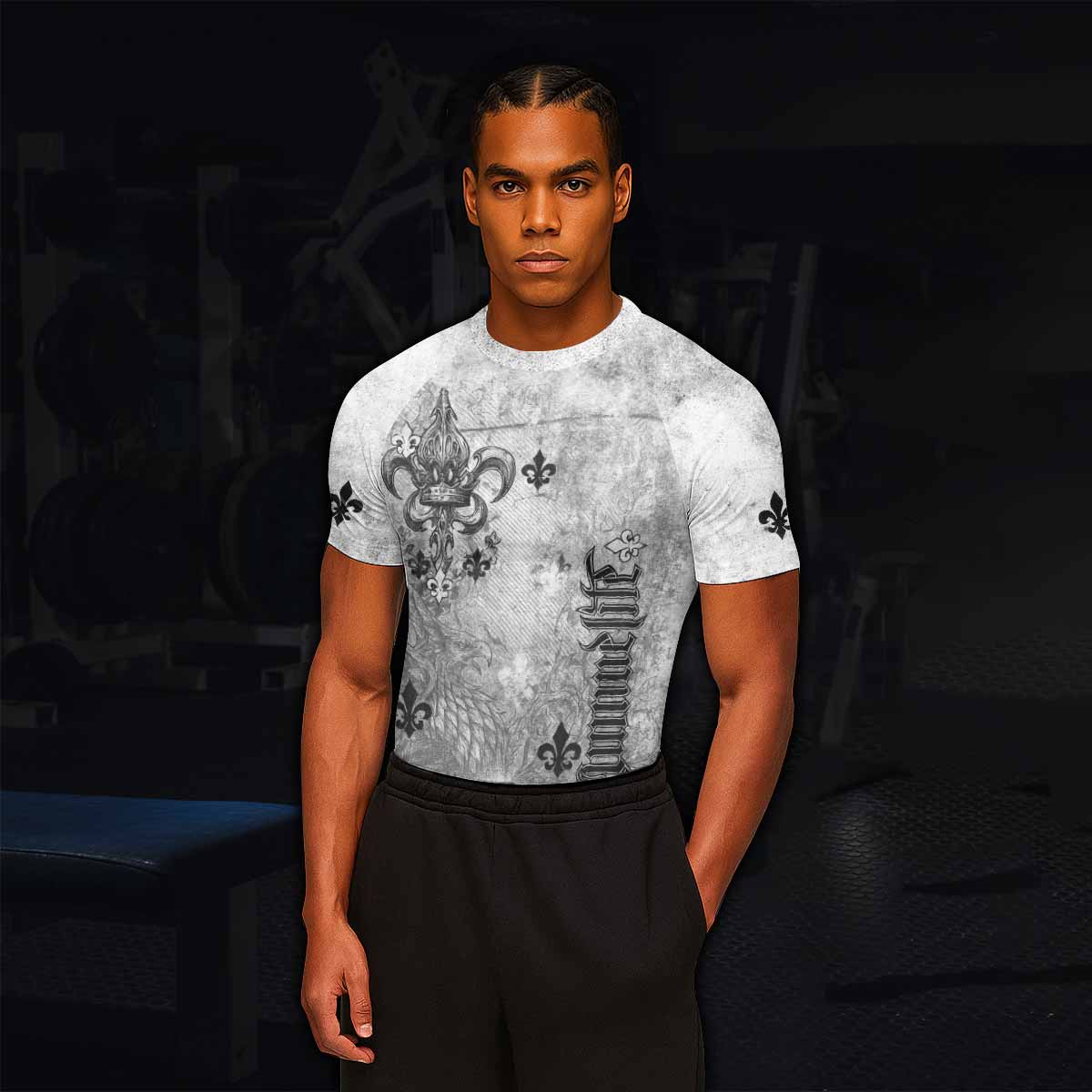 Fleur-de-Lis Rebirth Men's Rash Guard Short Sleeve - lifestyle view