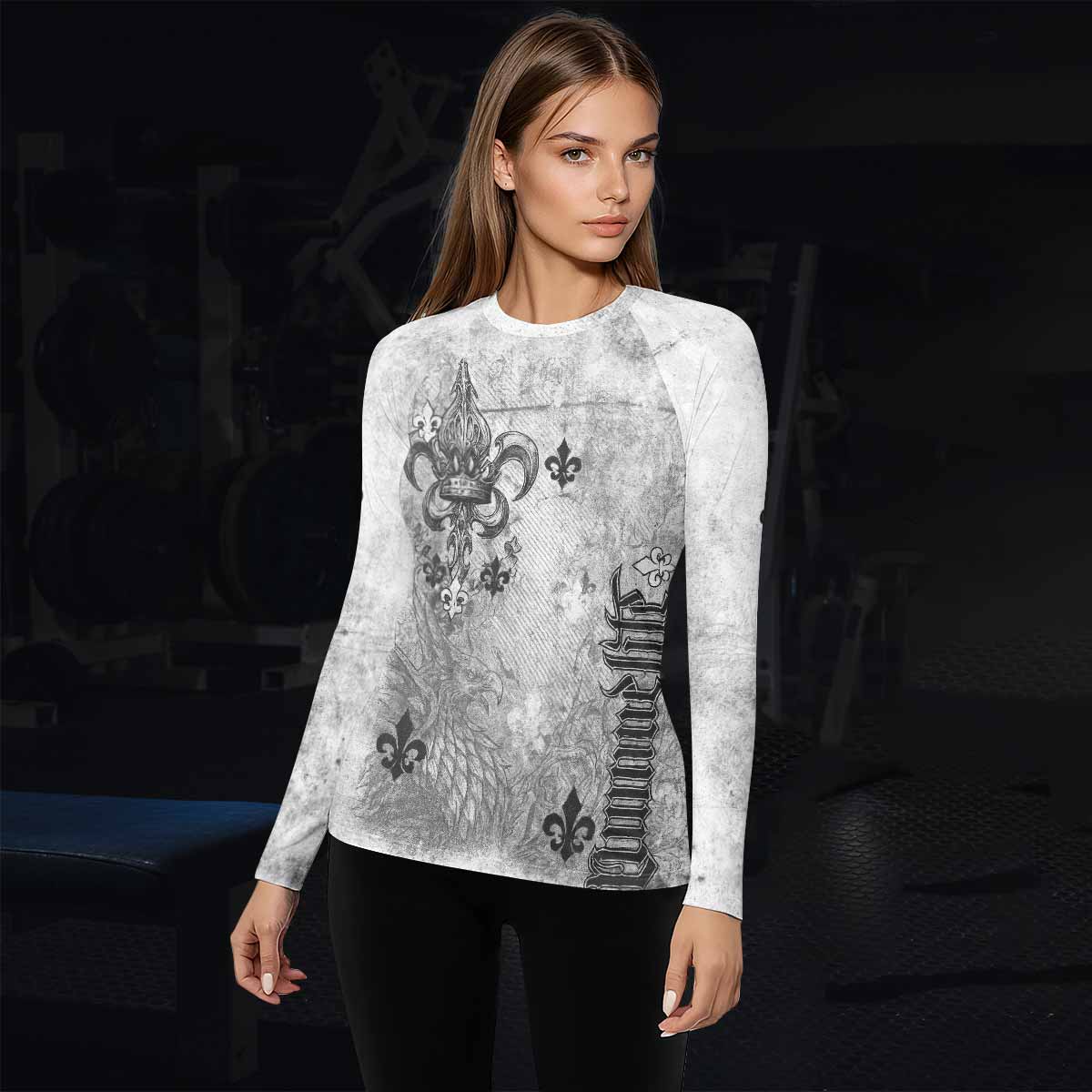 Fleur-de-Lis Rebirth Women's Rash Guard Long Sleeve - lifestyle view