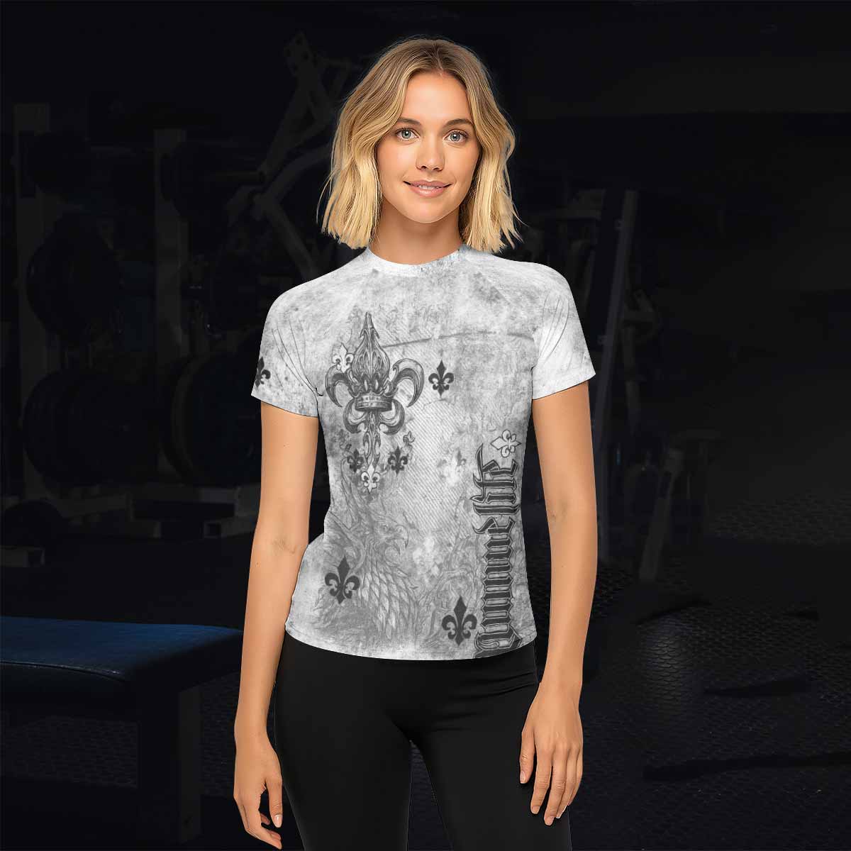 Fleur-de-Lis Rebirth Women's Rash Guard Short Sleeve - lifestyle view