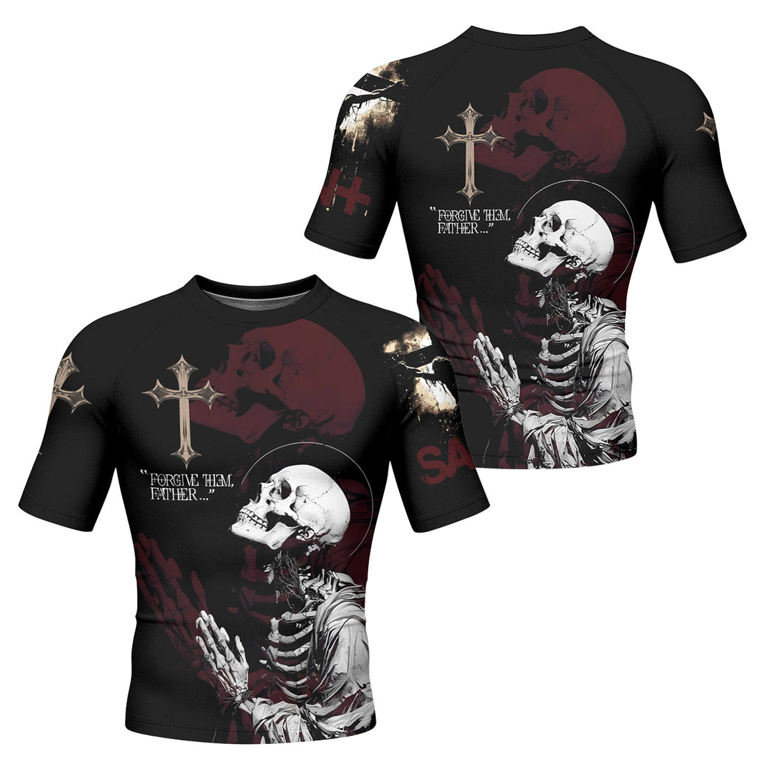 Forgive Them Father Men’s Short Sleeve Rash Guard - front and back view