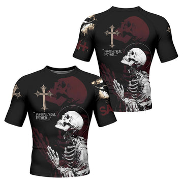 Forgive Them Father Men’s Short Sleeve Rash Guard - front and back view