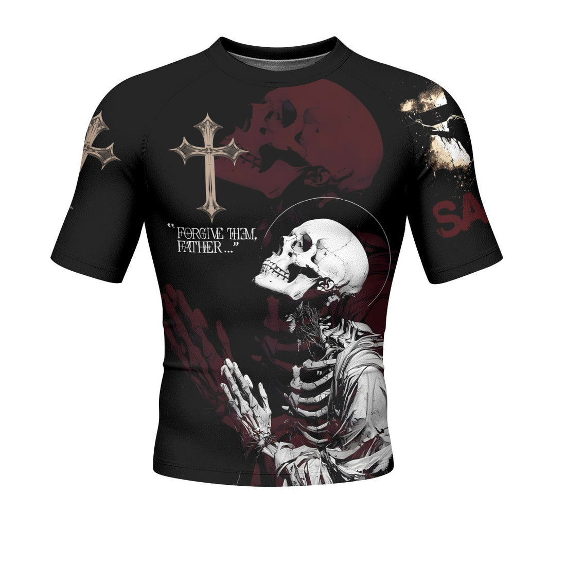 Forgive Them Father Men’s Short Sleeve Rash Guard - front and back view