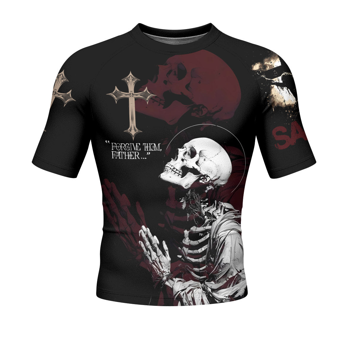 Forgive Them Father Men’s Short Sleeve Rash Guard - front view mockup