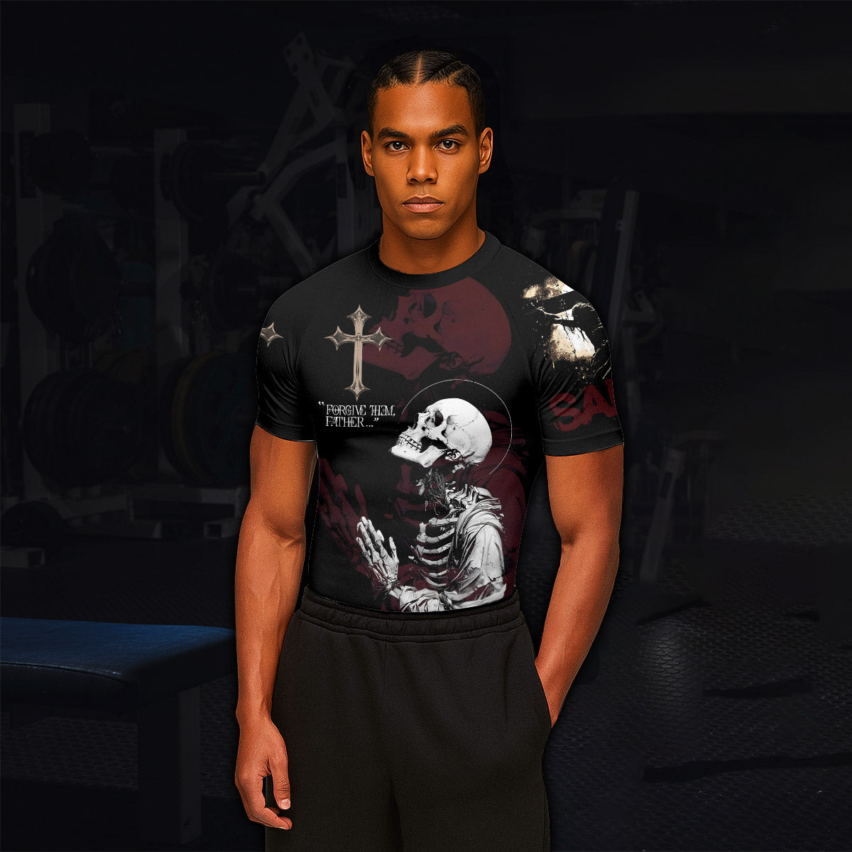 Forgive Them Father Men’s Short Sleeve Rash Guard - lifestyle view