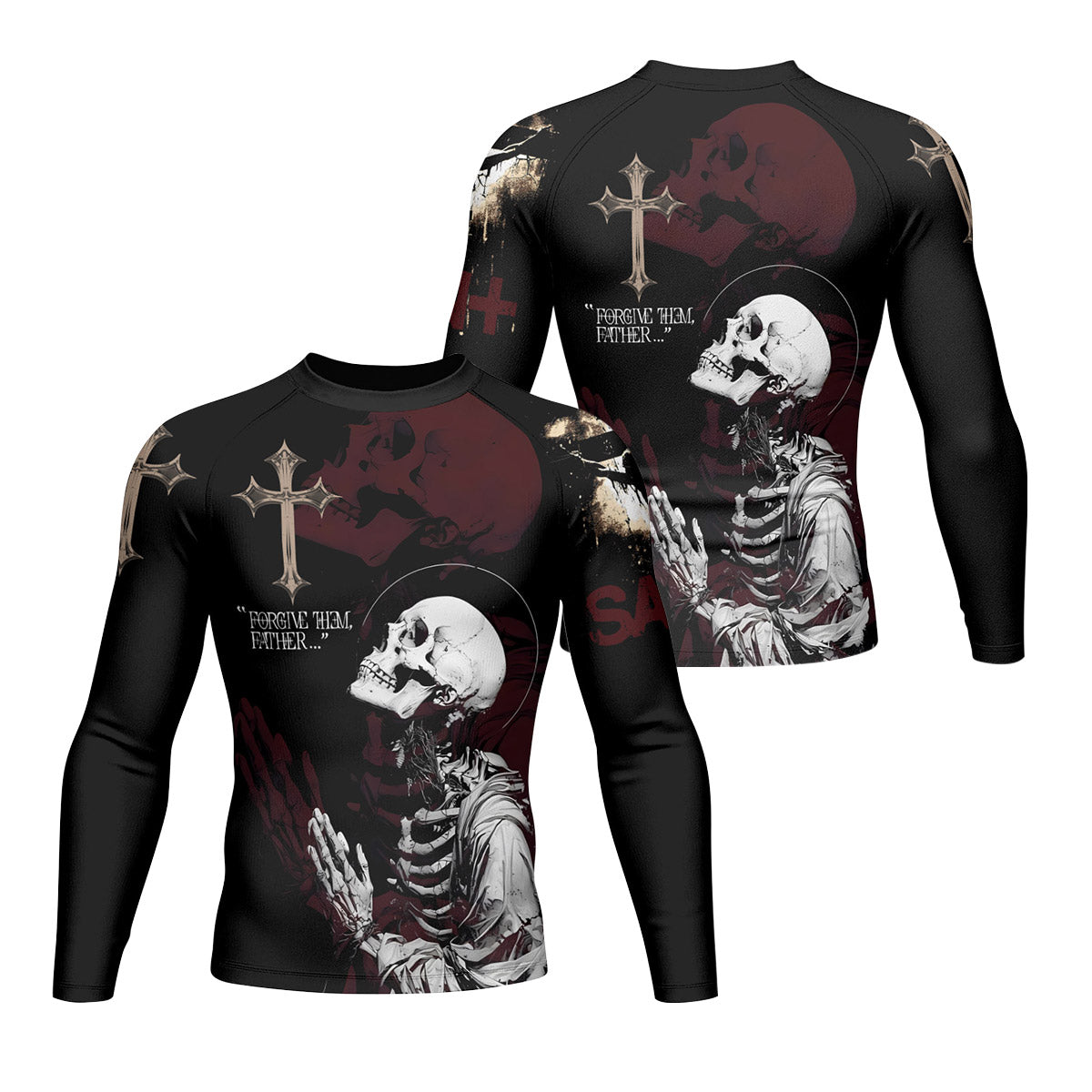 Forgive Them Father Men’s Long Sleeve Rash Guard - front and back view