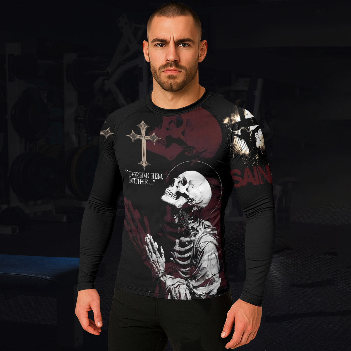Forgive Them Father Men’s Long Sleeve Rash Guard - lifestyle view