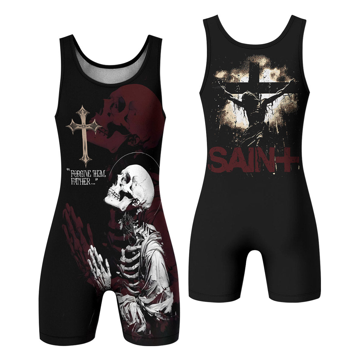 Forgive Them Father Wrestling Singlet - front and back view