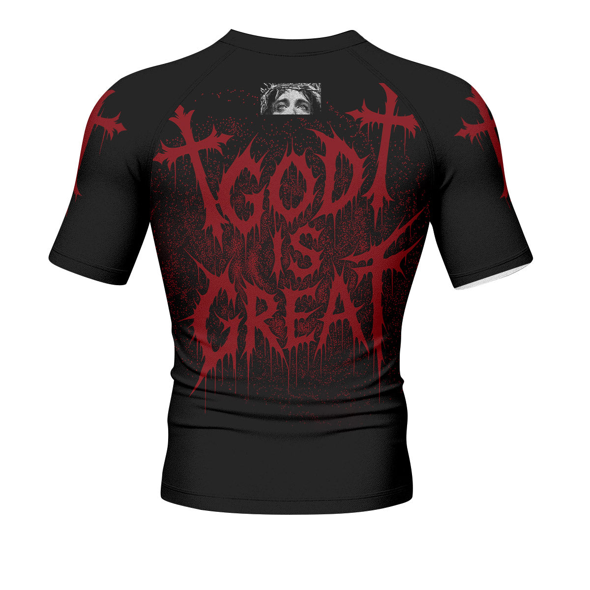 God Is Great Men’s Short Sleeve Rash Guard - back view mockup