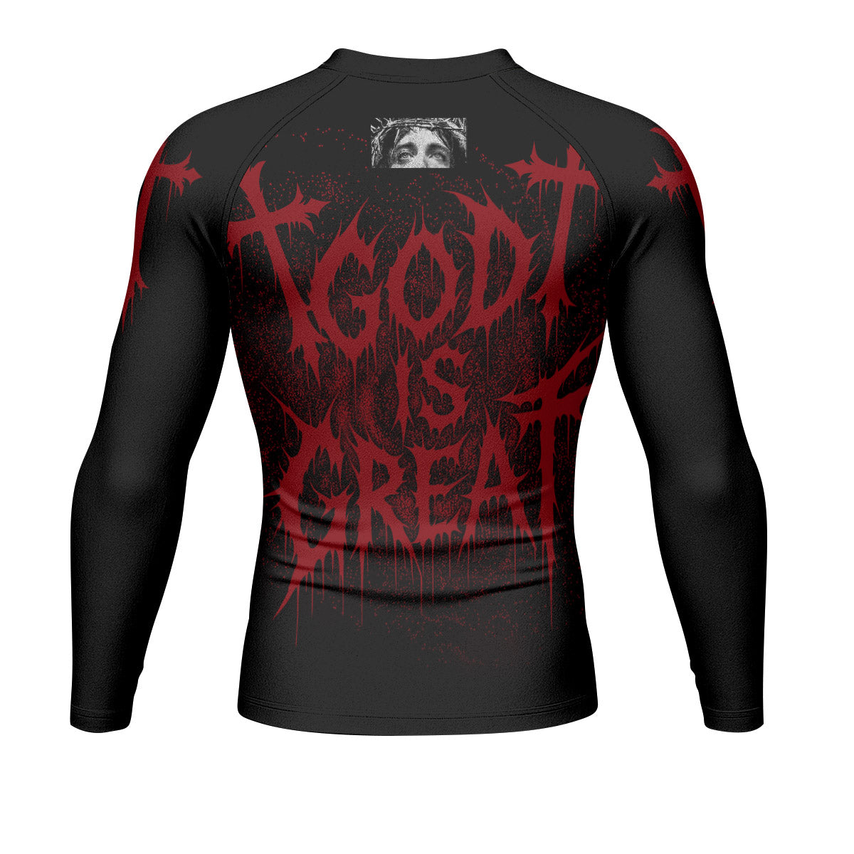 God Is Great Men’s Long Sleeve Rash Guard - back view mockup