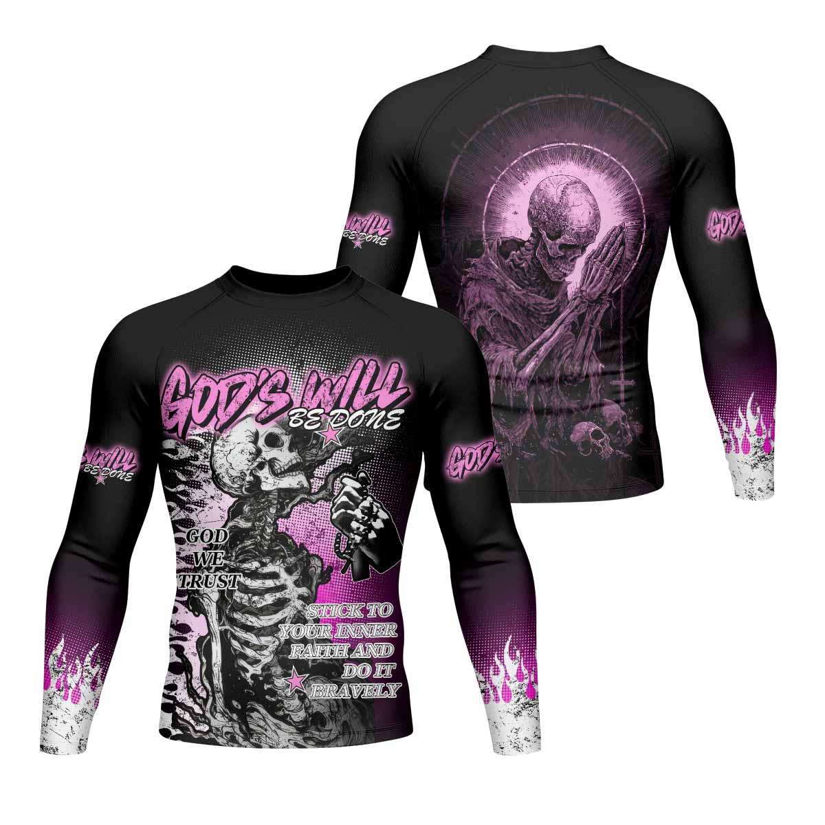 God's Will Be Done Men's Rash Guard Long Sleeve - front and back view