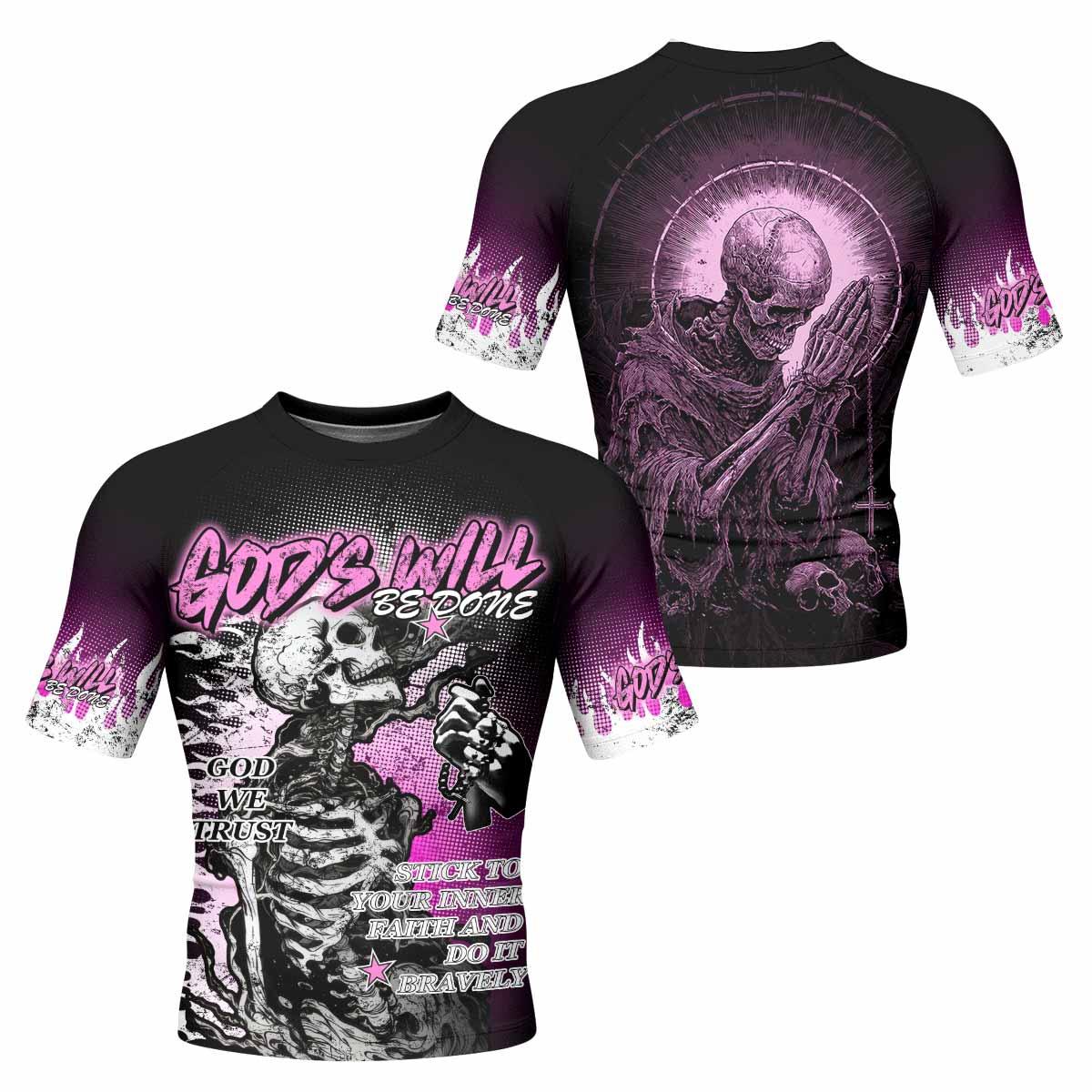 God's Will Be Done Men's Rash Guard Short Sleeve - front and back view