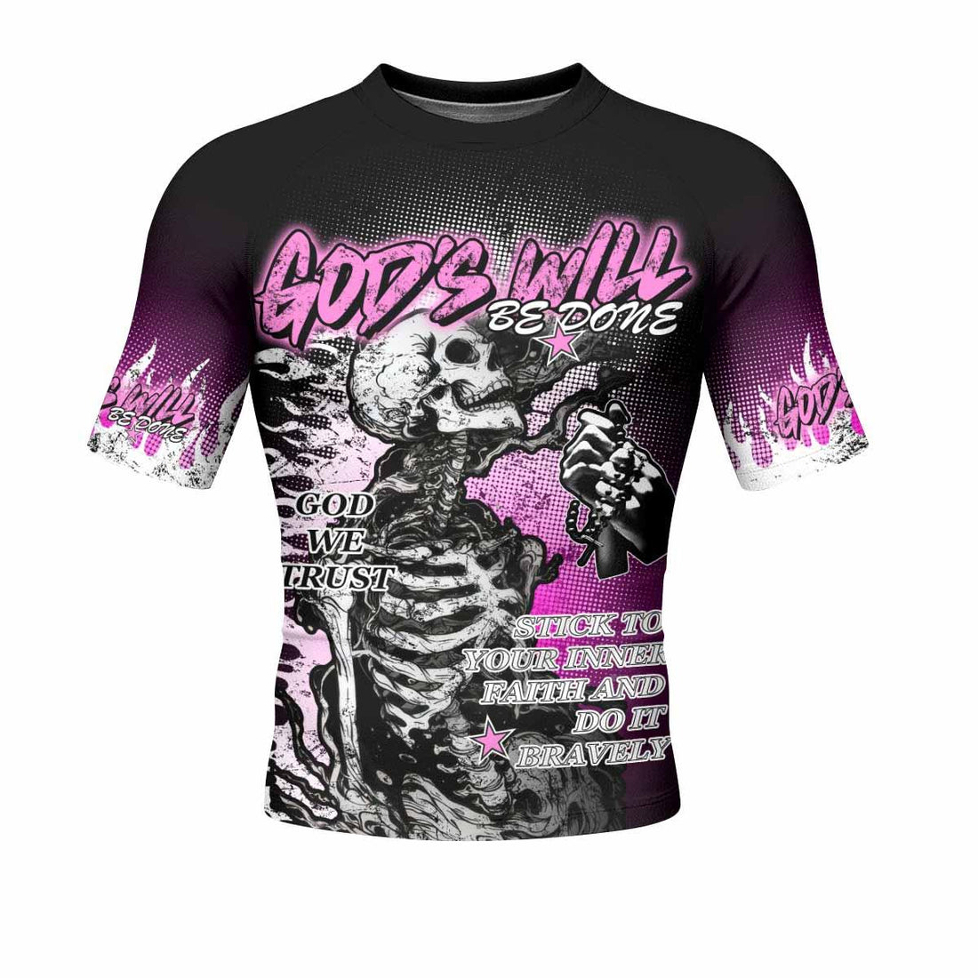 God's Will Be Done Men's Rash Guard Short Sleeve - front and back view