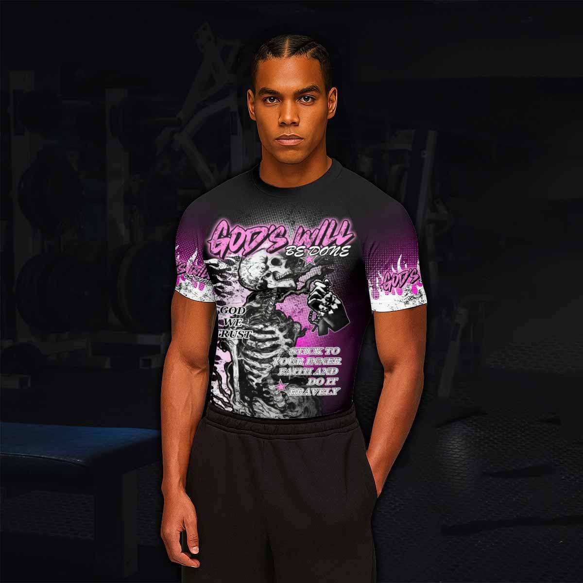 God's Will Be Done Men's Rash Guard Short Sleeve - lifestyle view