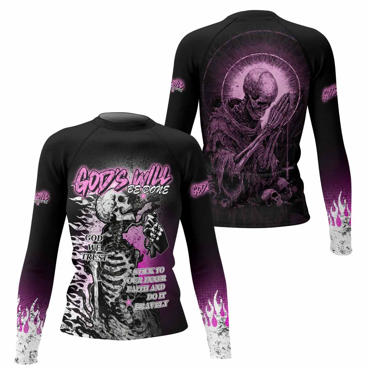 God's Will Be Done Women's Rash Guard Long Sleeve - front and back view