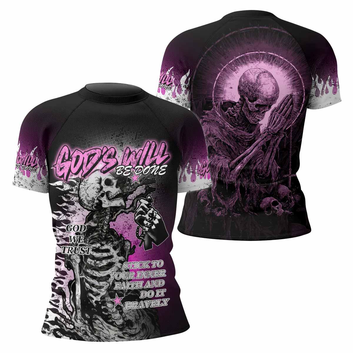God's Will Be Done Women's Rash Guard Short Sleeve - front and back view