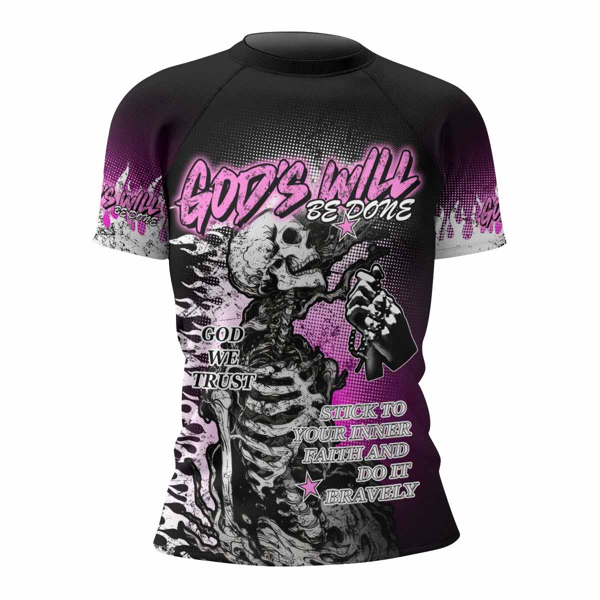 God's Will Be Done Women's Rash Guard Short Sleeve - front view mockup