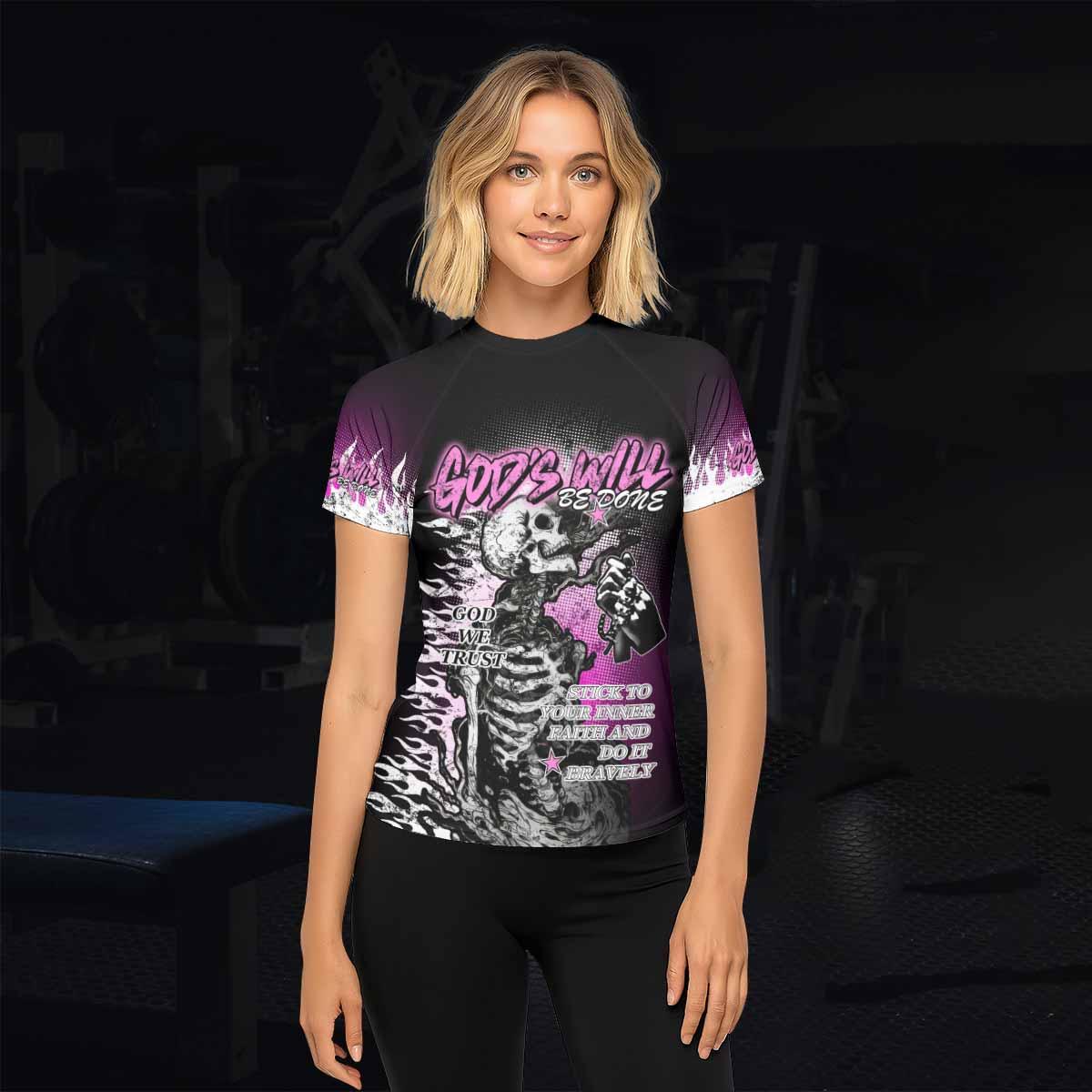 God's Will Be Done Women's Rash Guard Short Sleeve - lifestyle view